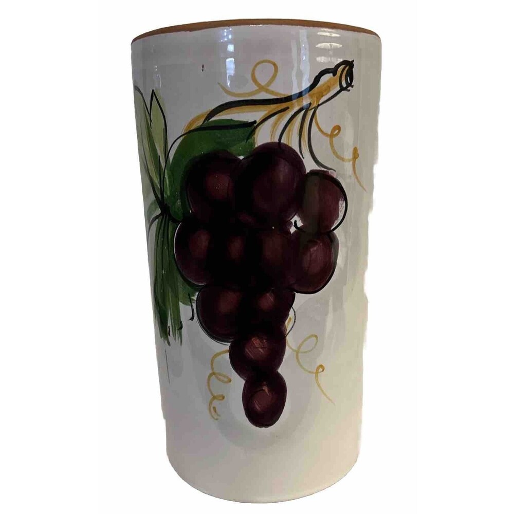 Pier 1 Terra Cotta Clay Wine Cooler Utensil Crock Handpainted Grapes from Italy